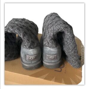 UGG Boots Womens 7 Lattice Cardy Knit Sweater Knee High 3066 Gray Round Toe Flat